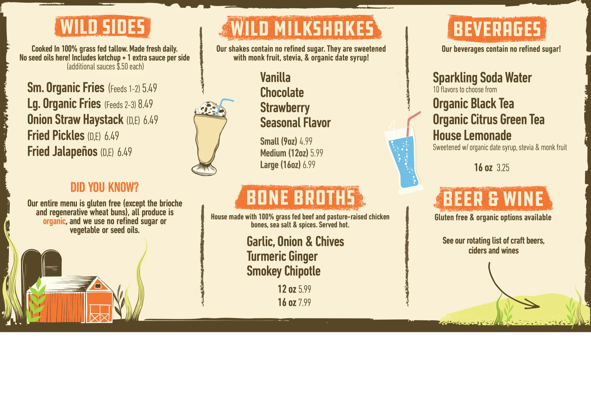 Wild Pastures sides, shakes, and beverages menu